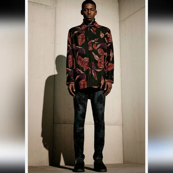 Alexander Wang‎ Black And Red Leaf Print Snap Button Jacket Size EU 48